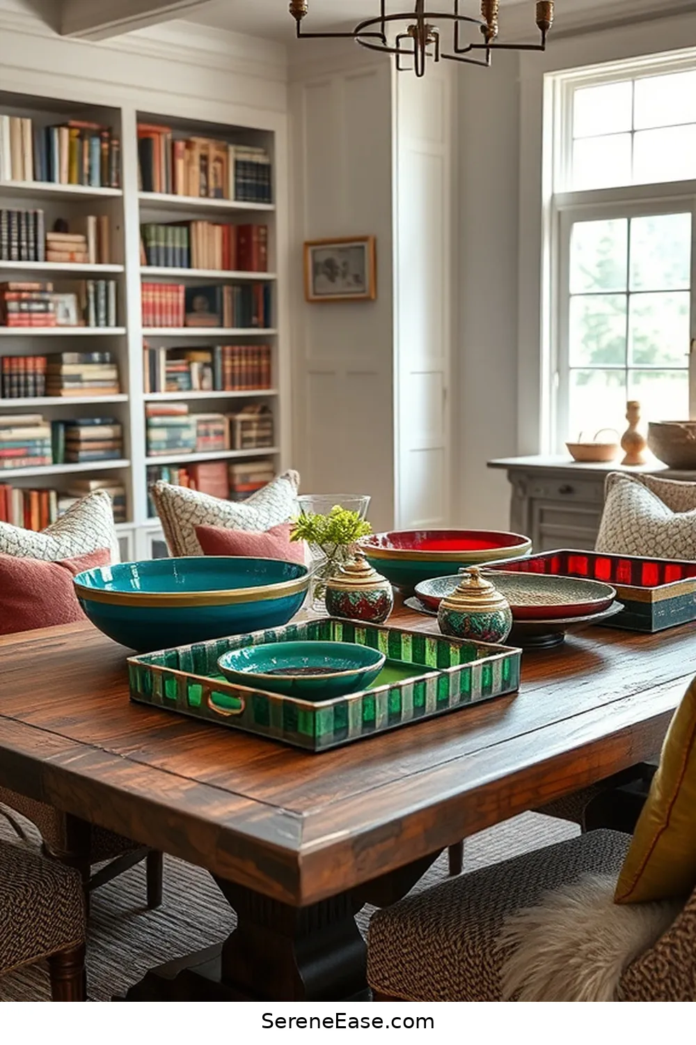 Use Colorful Decorative Trays and Bowls for 17 Ways to Incorporate Jewel Tones in Modern Farmhouse Library Style