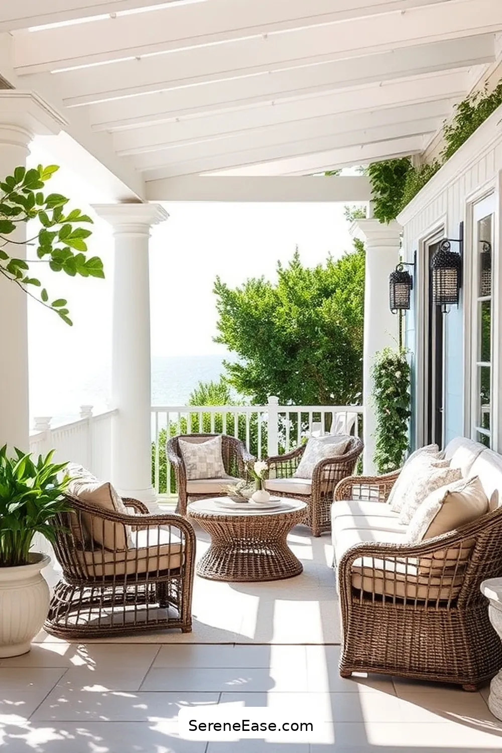 18 Monochromatic Outdoor Patio Ideas in Coastal Style 12 Elegant Wicker Seating for 18 Monochromatic Outdoor Patio Ideas in Coastal Style