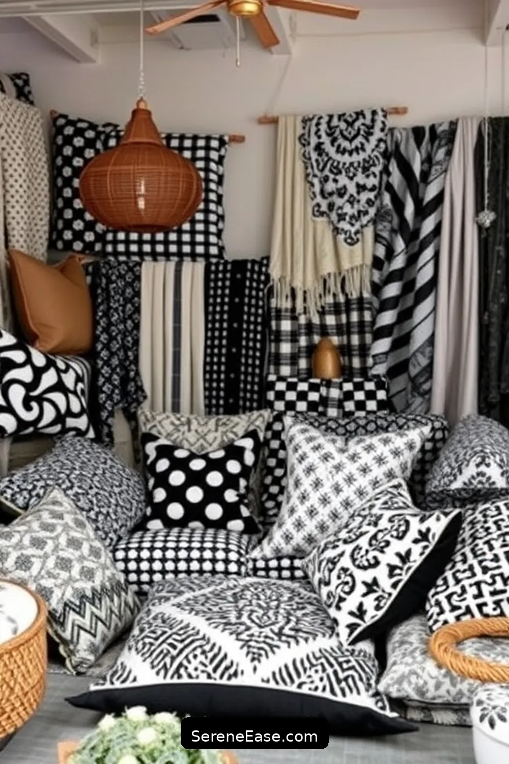 18 Ways to Achieve Black and White Bohemian Style in Your Garage 2 Embrace Layered Textiles for 18 Ways to Achieve Black and White Bohemian Style in Your Garage