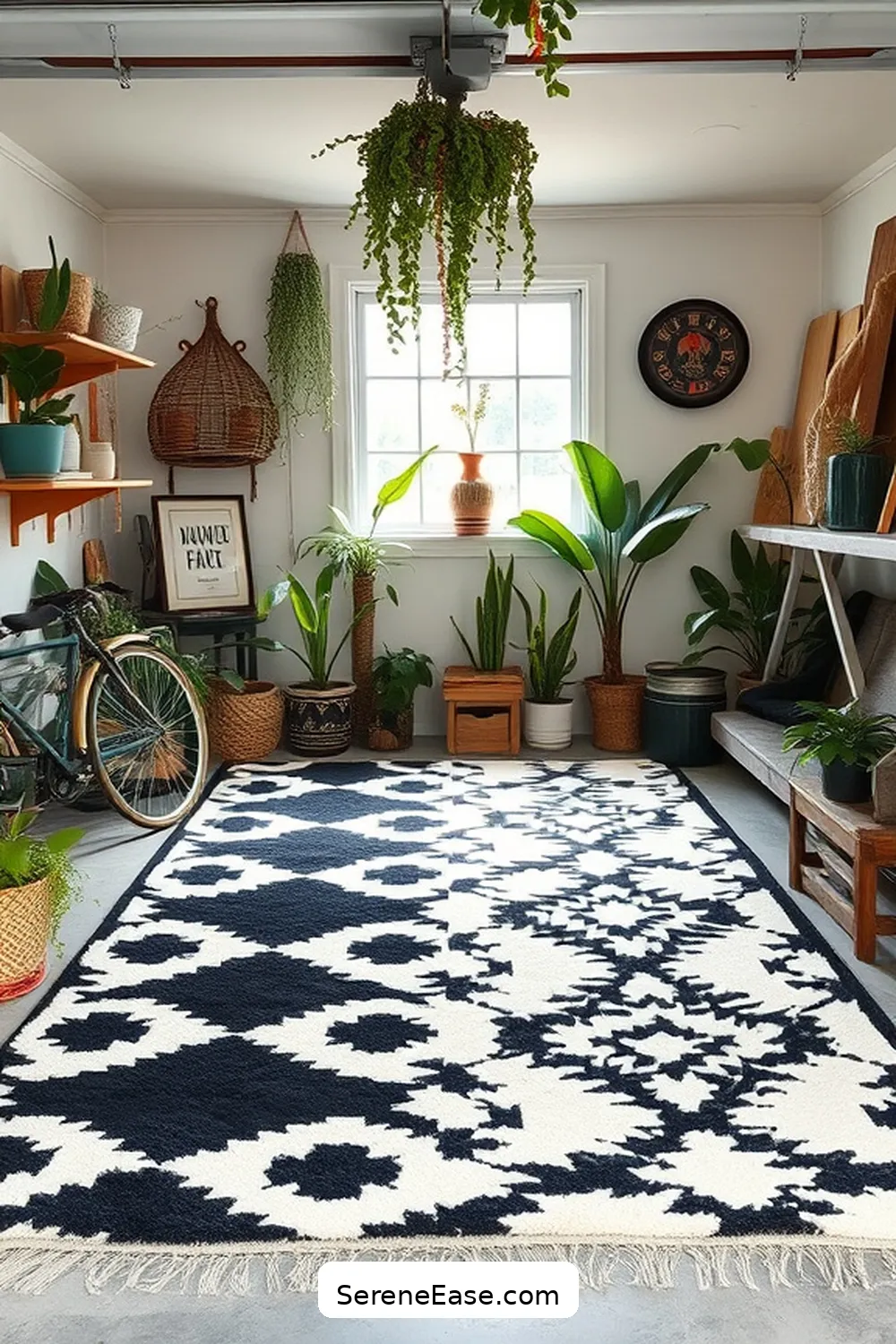 18 Ways to Achieve Black and White Bohemian Style in Your Garage 3 Incorporate Statement Rugs for 18 Ways to Achieve Black and White Bohemian Style in Your Garage