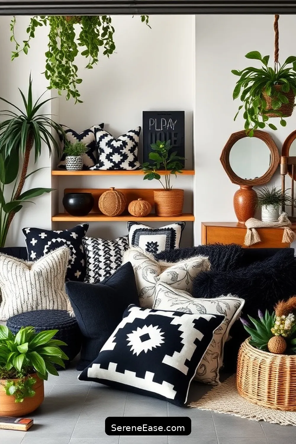 18 Ways to Achieve Black and White Bohemian Style in Your Garage 16 Use Decorative Throw Pillows for 18 Ways to Achieve Black and White Bohemian Style in Your Garage