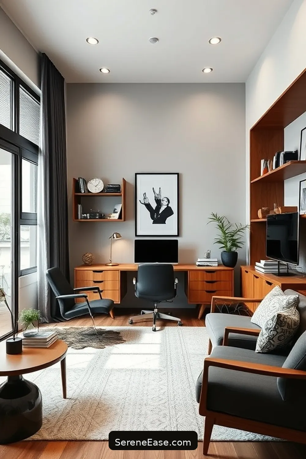 18 Ways to Achieve Black and White Mid-Century Modern Home Office Style 6 Add a Touch of Wood for 18 Ways to Achieve Black and White Mid-Century Modern Home Office Style