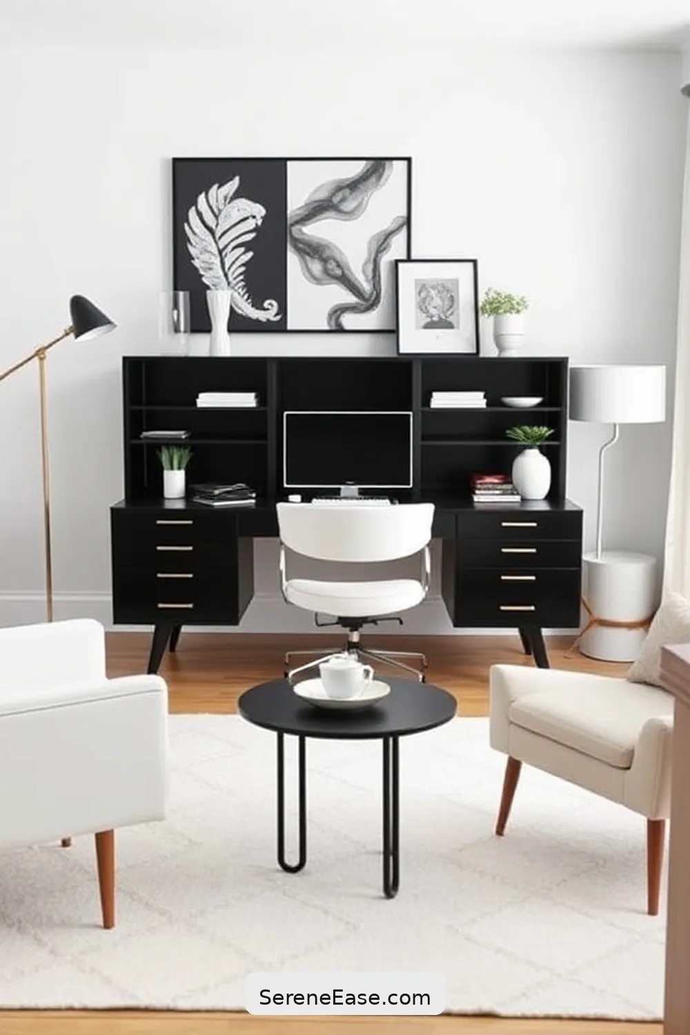 18 Ways to Achieve Black and White Mid-Century Modern Home Office Style 2 Choose a Statement Desk for 18 Ways to Achieve Black and White Mid-Century Modern Home Office Style