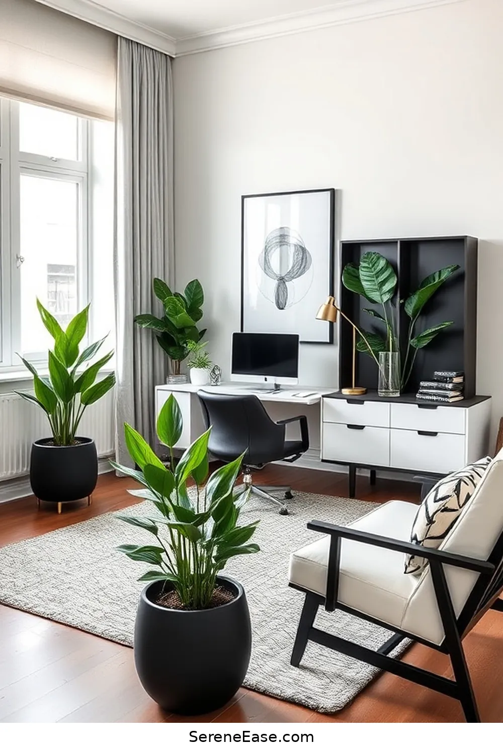 18 Ways to Achieve Black and White Mid-Century Modern Home Office Style 12 Include Greenery for Contrast for 18 Ways to Achieve Black and White Mid-Century Modern Home Office Style