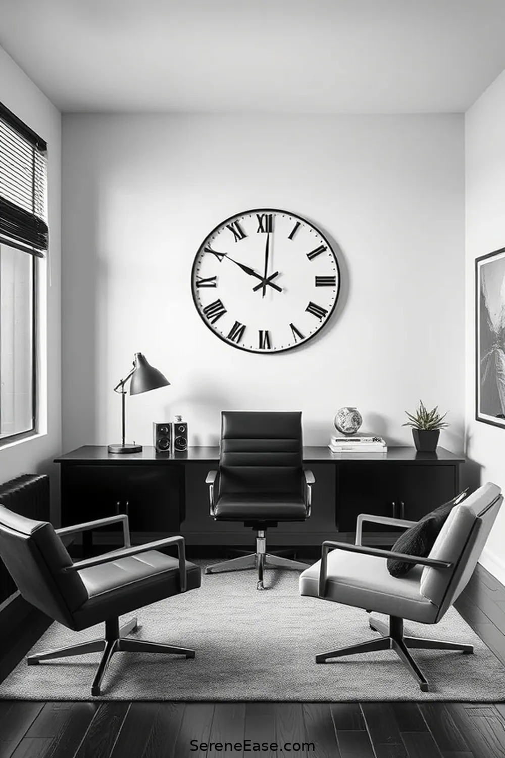 18 Ways to Achieve Black and White Mid-Century Modern Home Office Style 17 Incorporate a Mid-Century Modern Clock for 18 Ways to Achieve Black and White Mid-Century Modern Home Office Style