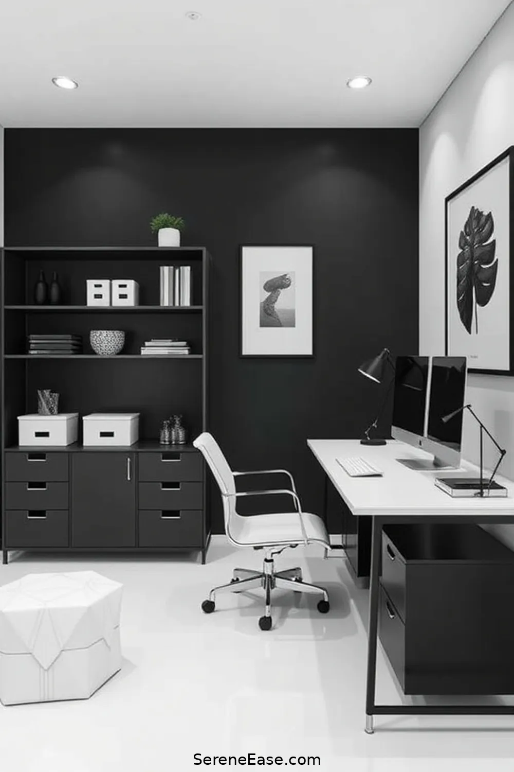 18 Ways to Achieve Black and White Mid-Century Modern Home Office Style 9 Integrate Functional Storage Solutions for 18 Ways to Achieve Black and White Mid-Century Modern Home Office Style