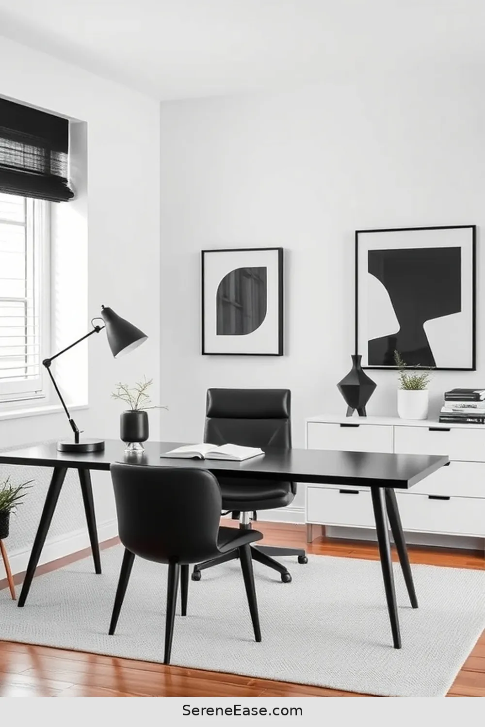 18 Ways to Achieve Black and White Mid-Century Modern Home Office Style 11 Use Decorative Accessories Sparingly for 18 Ways to Achieve Black and White Mid-Century Modern Home Office Style