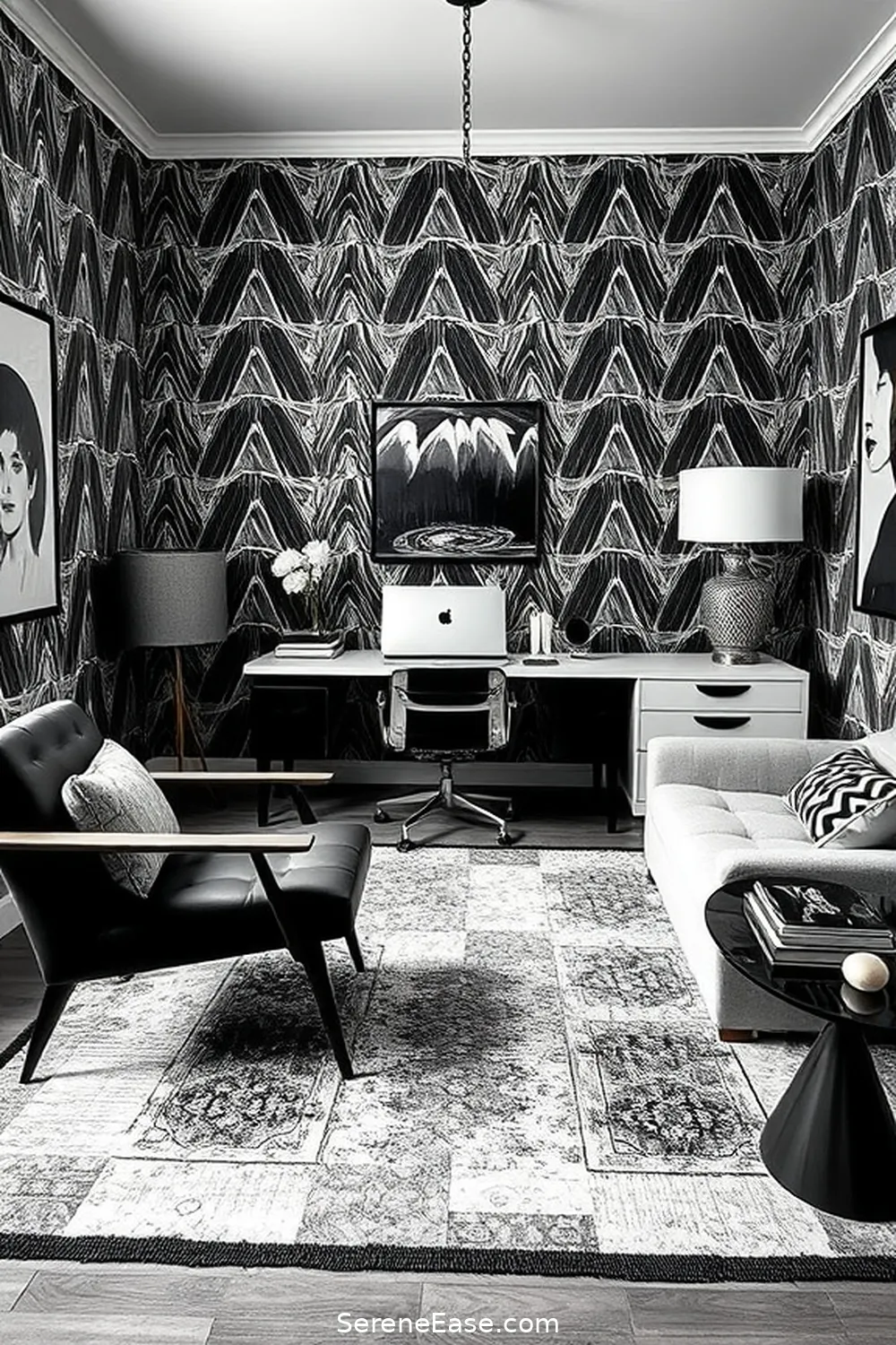18 Ways to Achieve Black and White Mid-Century Modern Home Office Style 5 Utilize Geometric Patterns for 18 Ways to Achieve Black and White Mid-Century Modern Home Office Style