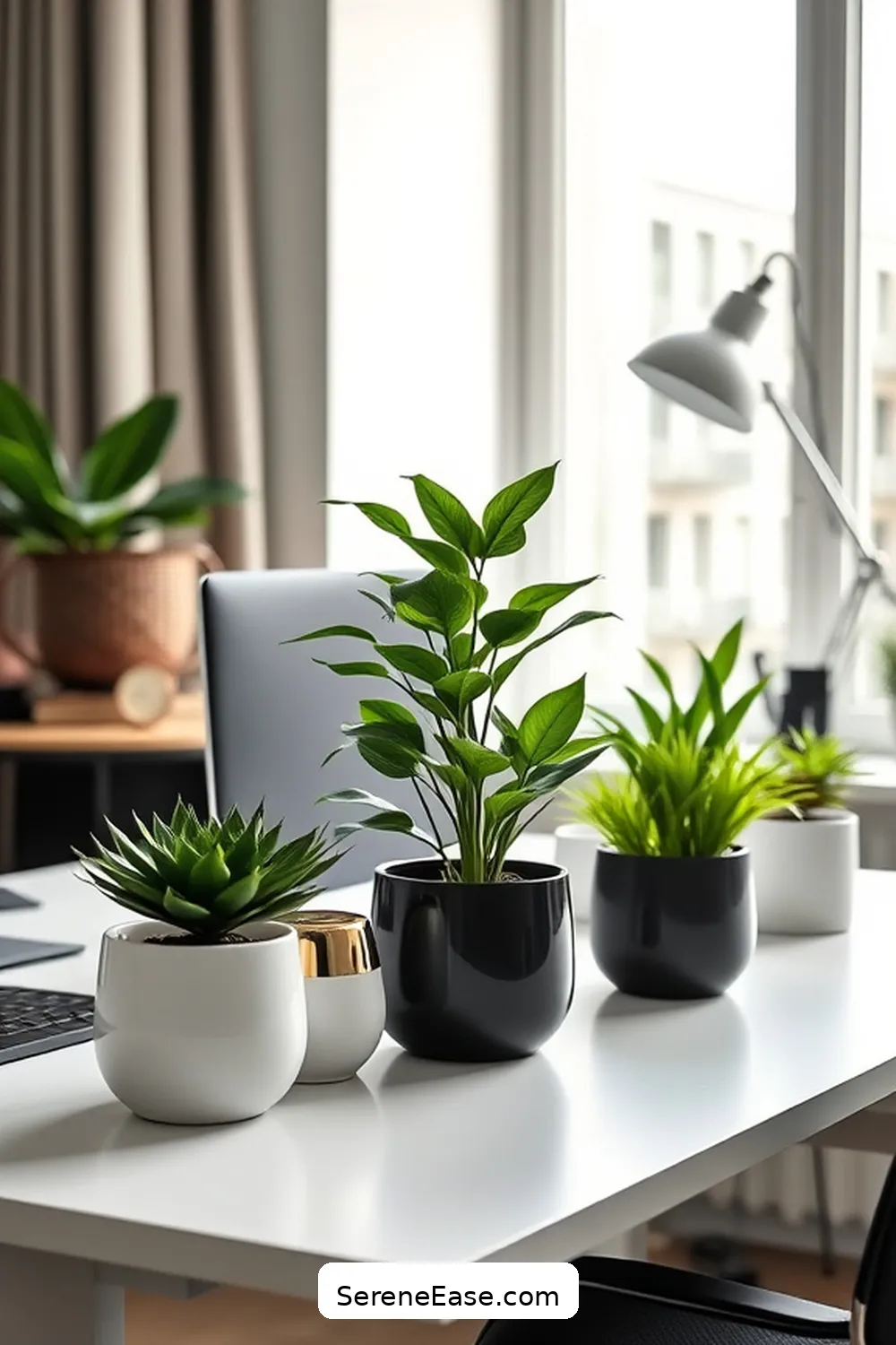 18 Ways to Achieve Monochromatic Home Office Minimalist Style 14 Add Greenery With Monochromatic Planters for 18 Ways to Achieve Monochromatic Home Office Minimalist Style