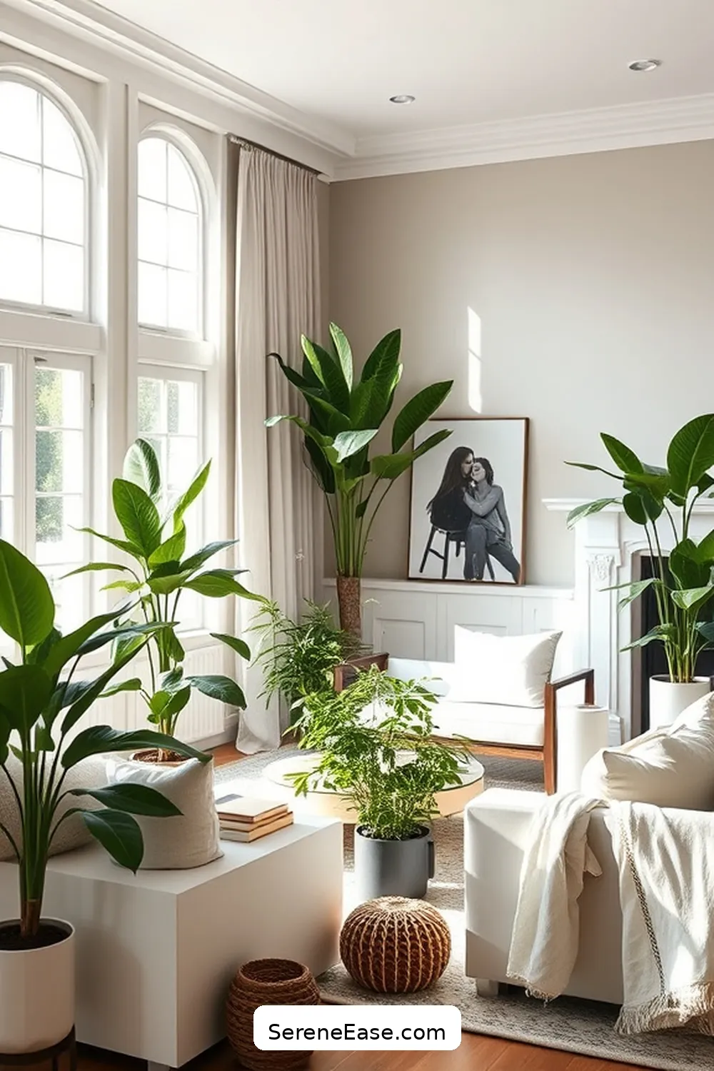 Add Greenery for Freshness for 18 Ways to Achieve Monochromatic Living Room Style in Modern Farmhouse