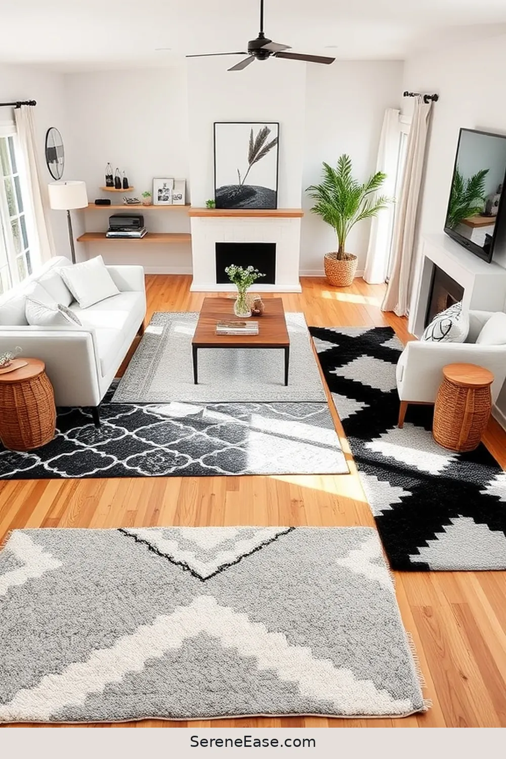 Choose Versatile Rugs for 18 Ways to Achieve Monochromatic Living Room Style in Modern Farmhouse