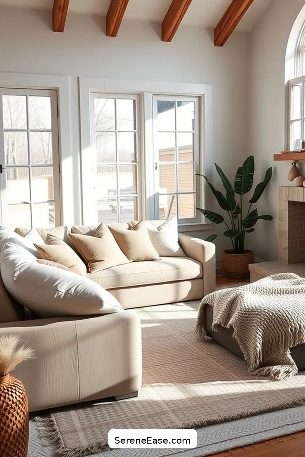 Incorporate Patterns Subtly for 18 Ways to Achieve Monochromatic Living Room Style in Modern Farmhouse