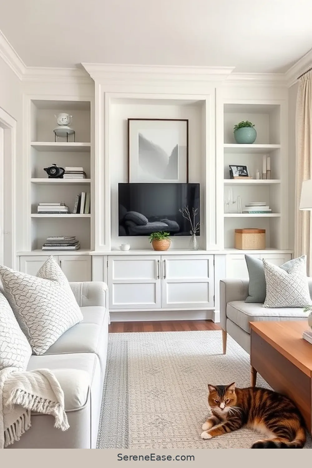 Integrate Built-in Shelving for 18 Ways to Achieve Monochromatic Living Room Style in Modern Farmhouse