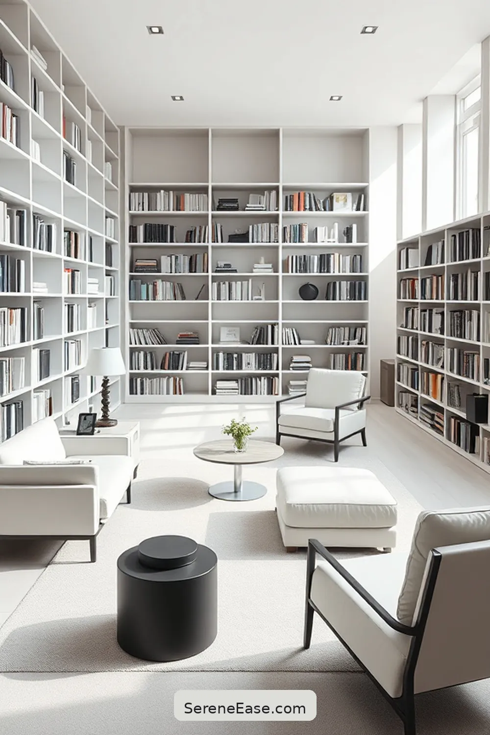18 Ways to Achieve Monochromatic Scandinavian Style in a Library 4 Opt for Minimalist Furniture for 18 Ways to Achieve Monochromatic Scandinavian Style in a Library