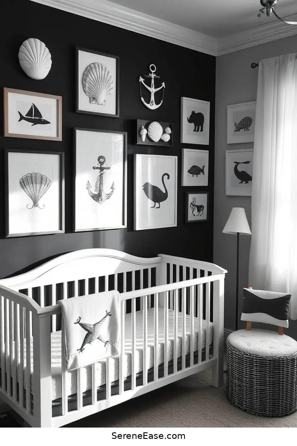 18 Ways to Create a Black and White Coastal Style Nursery 10 Create a Gallery Wall for 18 Ways to Create a Black and White Coastal Style Nursery