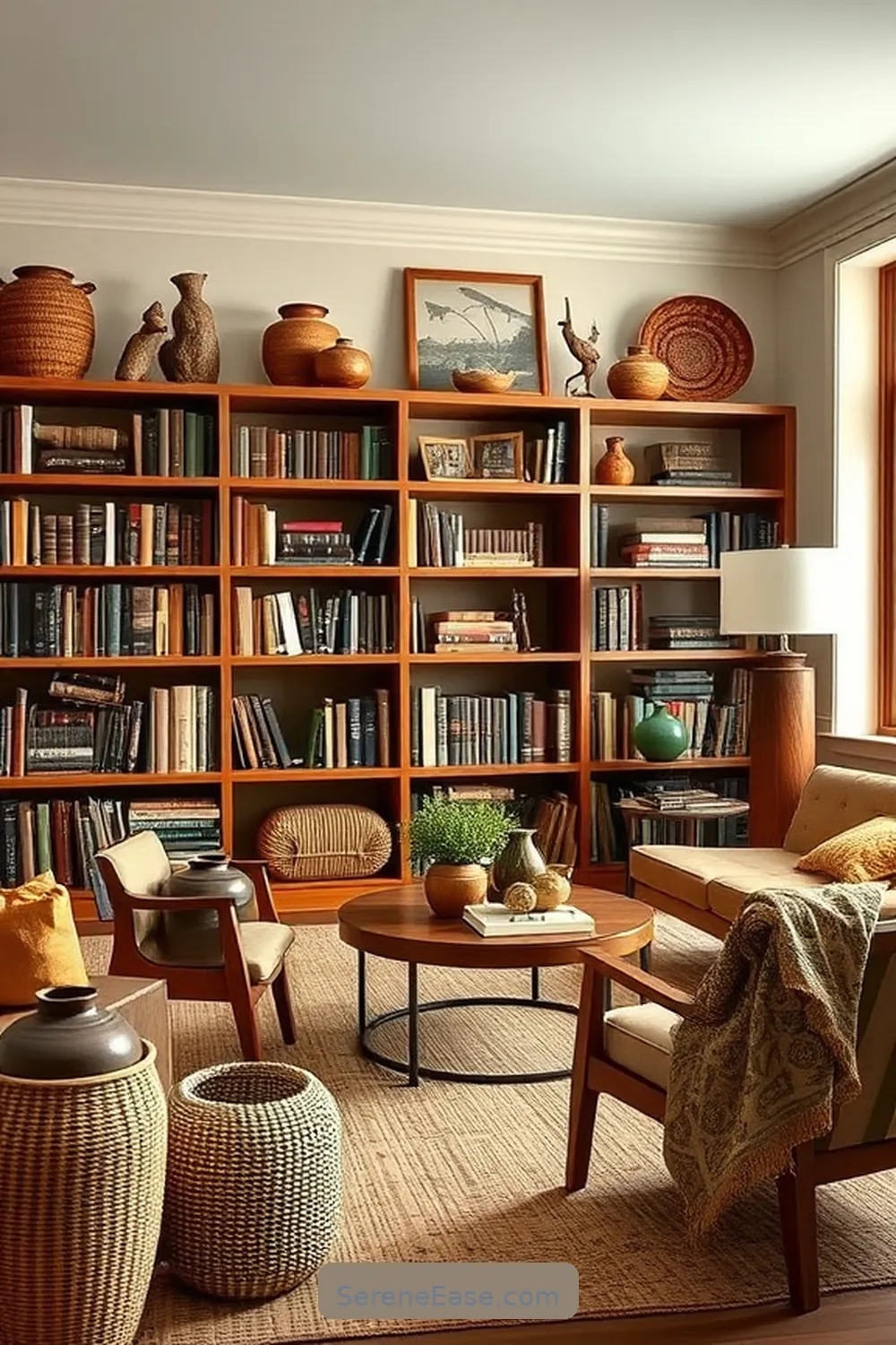 Choose Earthy Decorative Accessories for 18 Ways to Incorporate Earth Tones in a Mid-Century Modern Library Style