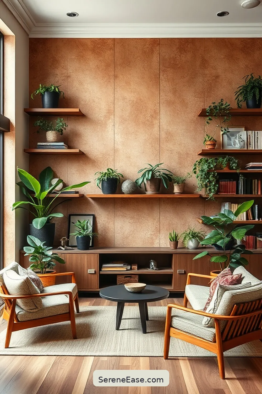 Create a Statement Wall for 18 Ways to Incorporate Earth Tones in a Mid-Century Modern Library Style