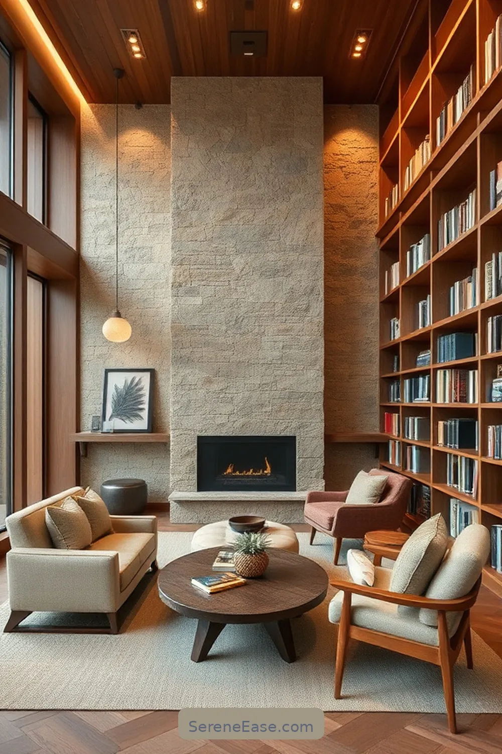 Incorporate Natural Stone Elements for 18 Ways to Incorporate Earth Tones in a Mid-Century Modern Library Style
