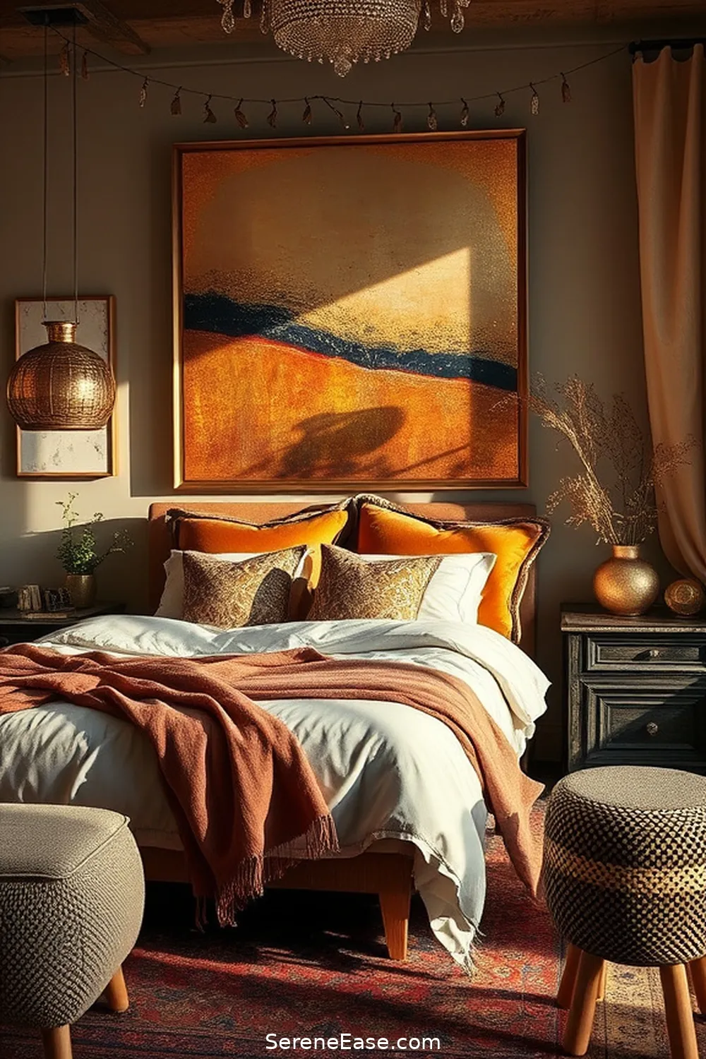 18 Ways to Incorporate Metallic Accents in Your Bohemian Bedroom Style 19 Layering With Metallic-Inspired Artwork for 18 Ways to Incorporate Metallic Accents in Your Bohemian Bedroom Style