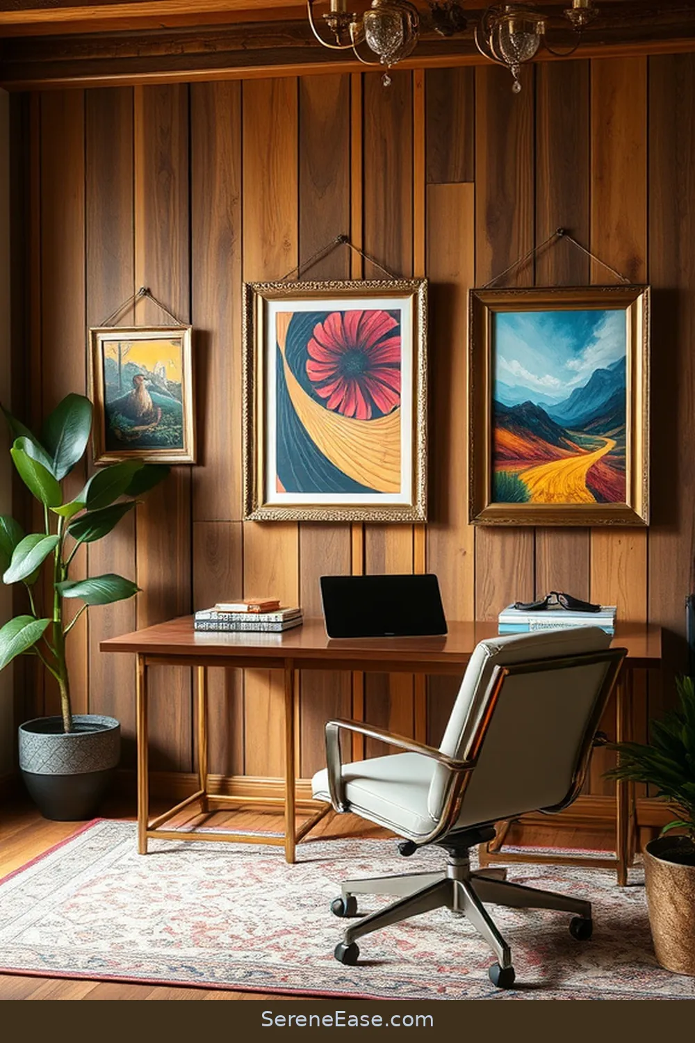 Add Metallic Picture Frames for 18 Ways to Incorporate Metallic Accents in a Rustic Home Office Style
