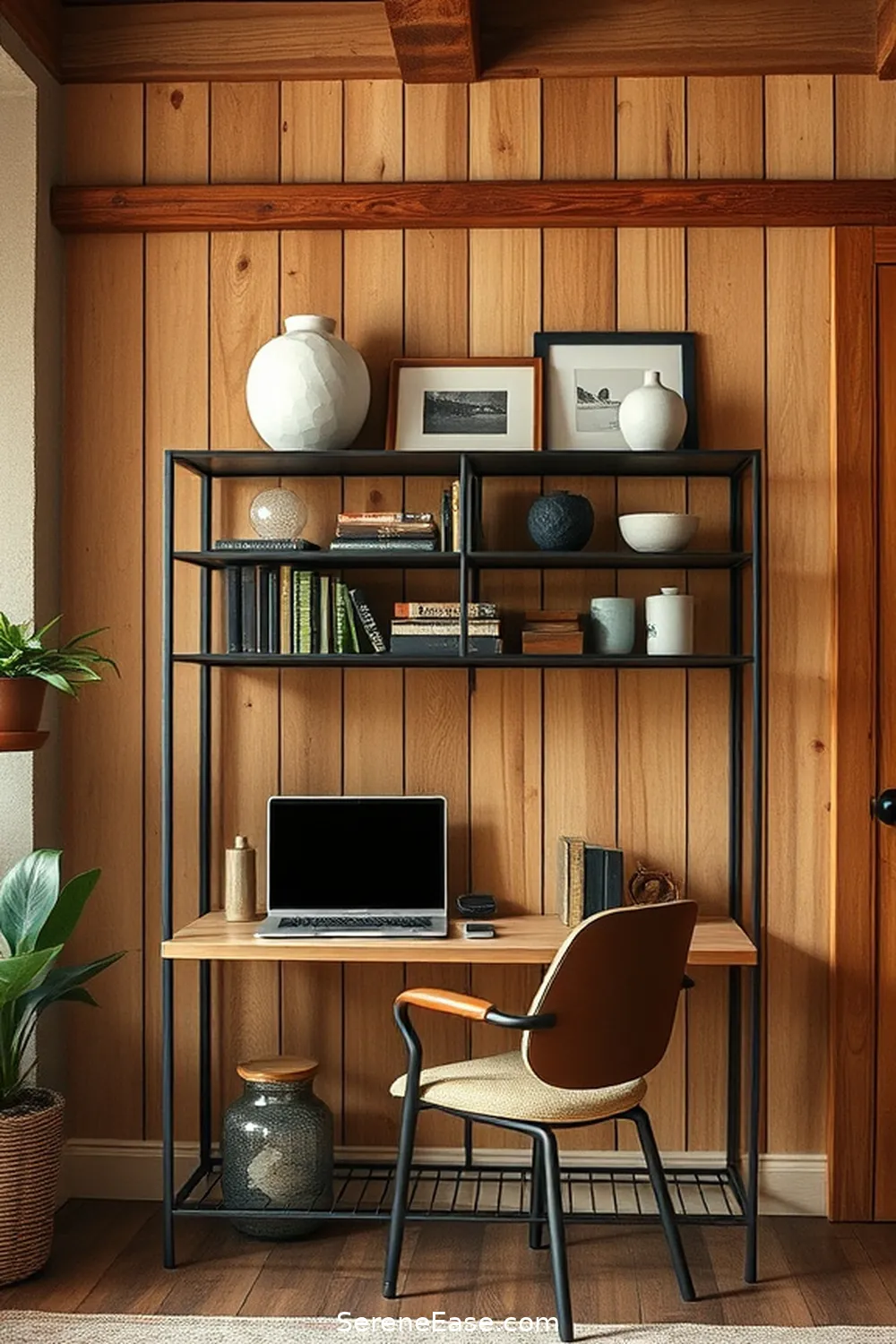 Add a Metal Shelf Unit for 18 Ways to Incorporate Metallic Accents in a Rustic Home Office Style