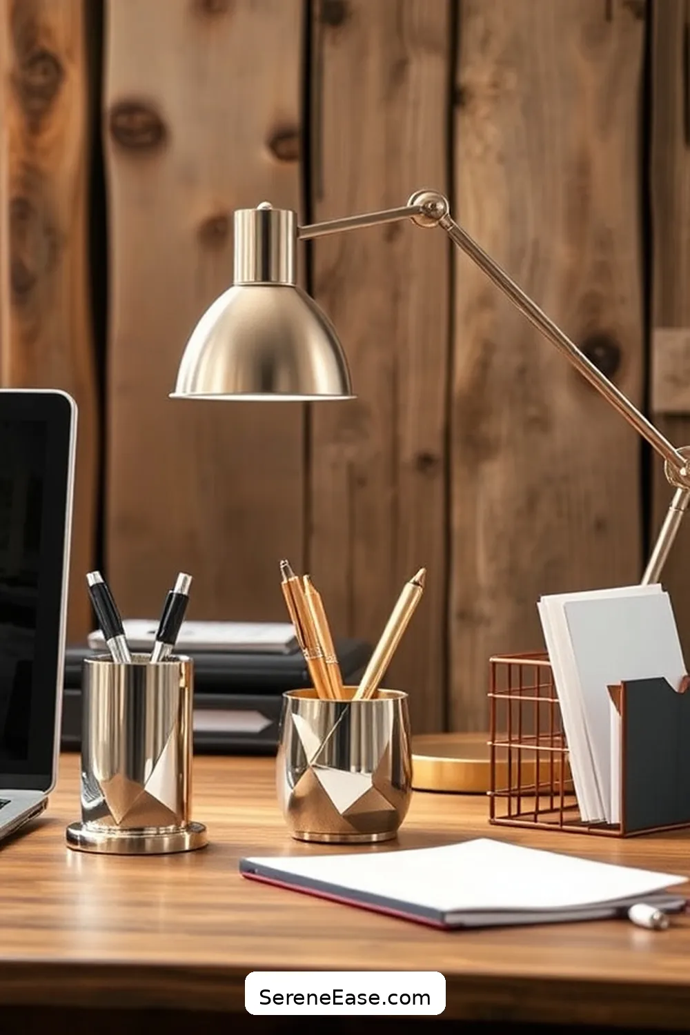 Choose Stylish Metallic Desk Accessories for 18 Ways to Incorporate Metallic Accents in a Rustic Home Office Style