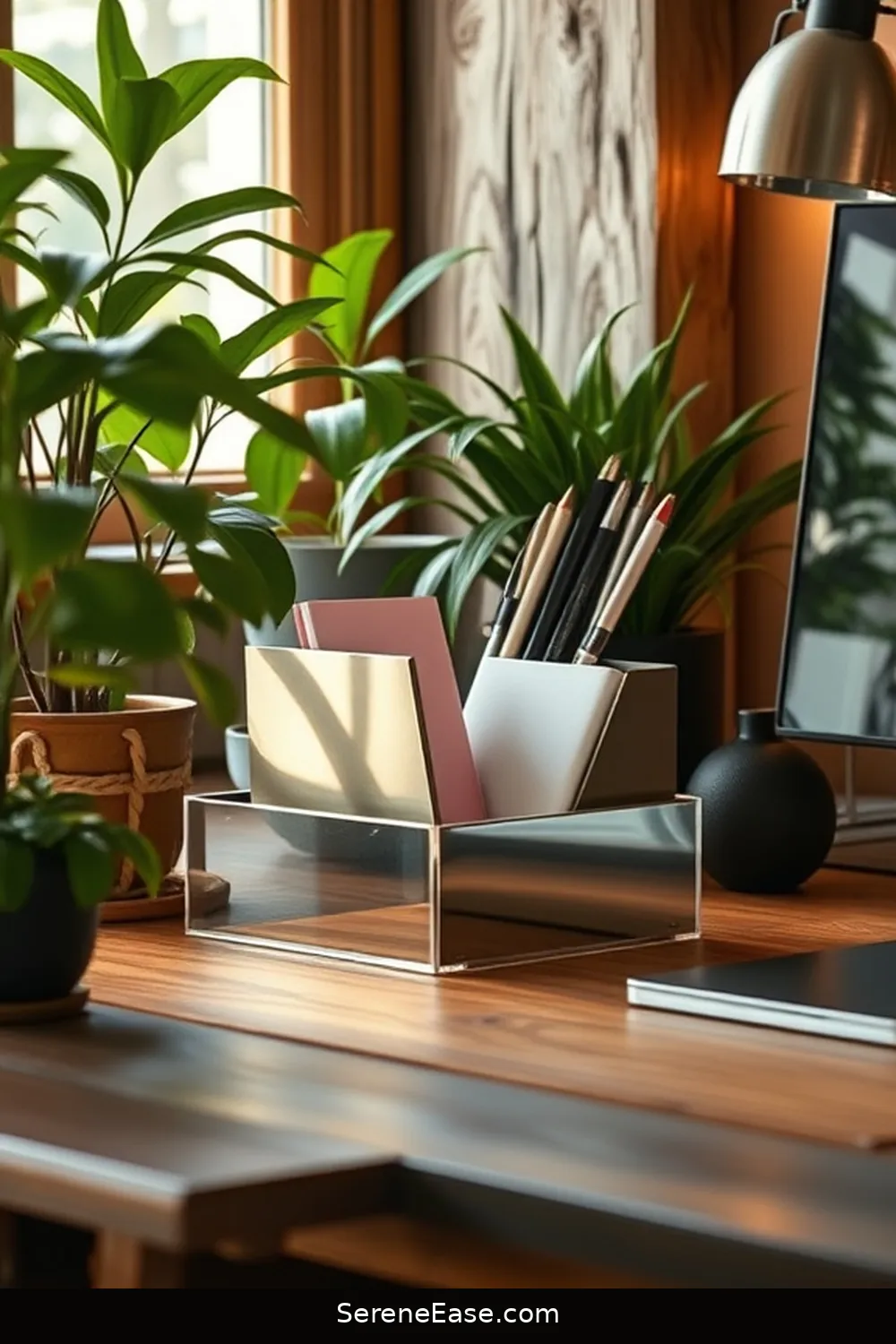 Choose a Metallic Desk Organizer for 18 Ways to Incorporate Metallic Accents in a Rustic Home Office Style