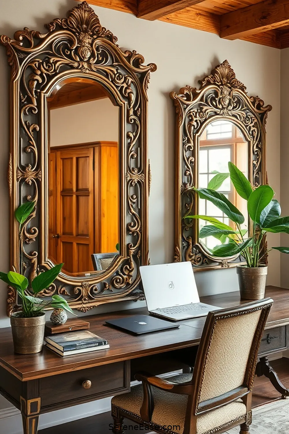 Hang Metallic Mirrors for 18 Ways to Incorporate Metallic Accents in a Rustic Home Office Style