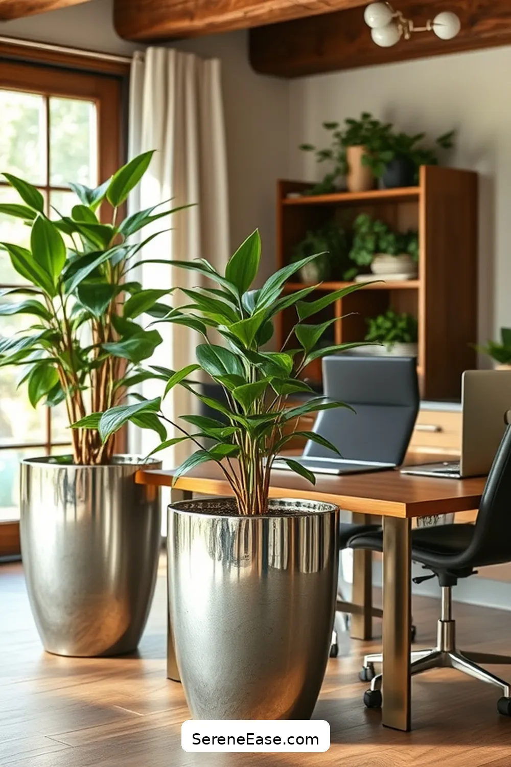 Include Metallic Planters for Greenery for 18 Ways to Incorporate Metallic Accents in a Rustic Home Office Style