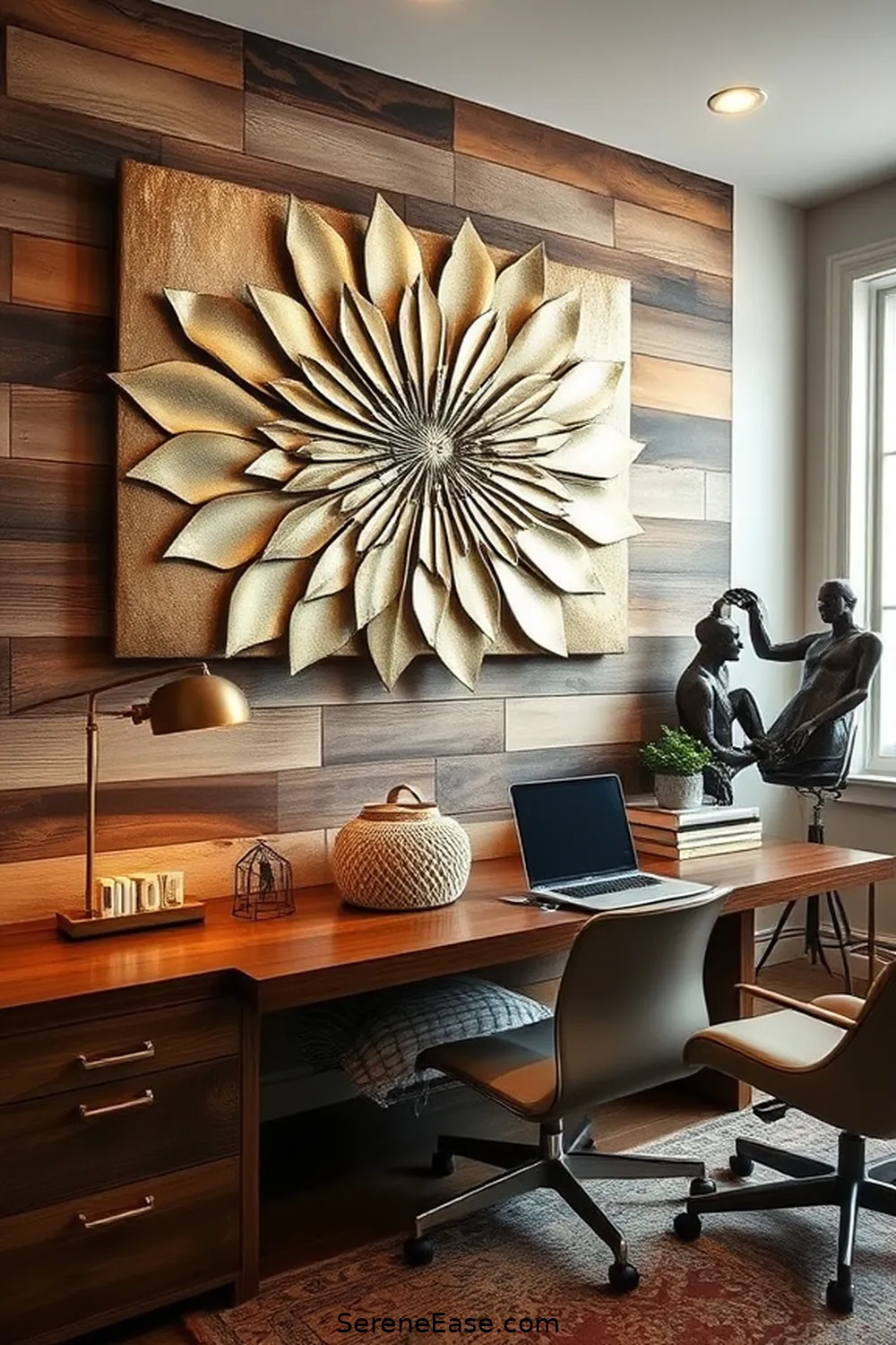 Include Metallic Wall Art for 18 Ways to Incorporate Metallic Accents in a Rustic Home Office Style
