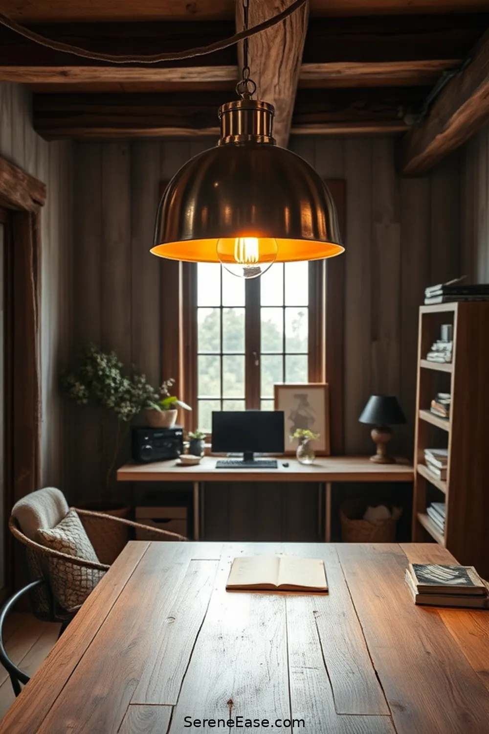 Install a Metallic Light Fixture for 18 Ways to Incorporate Metallic Accents in a Rustic Home Office Style