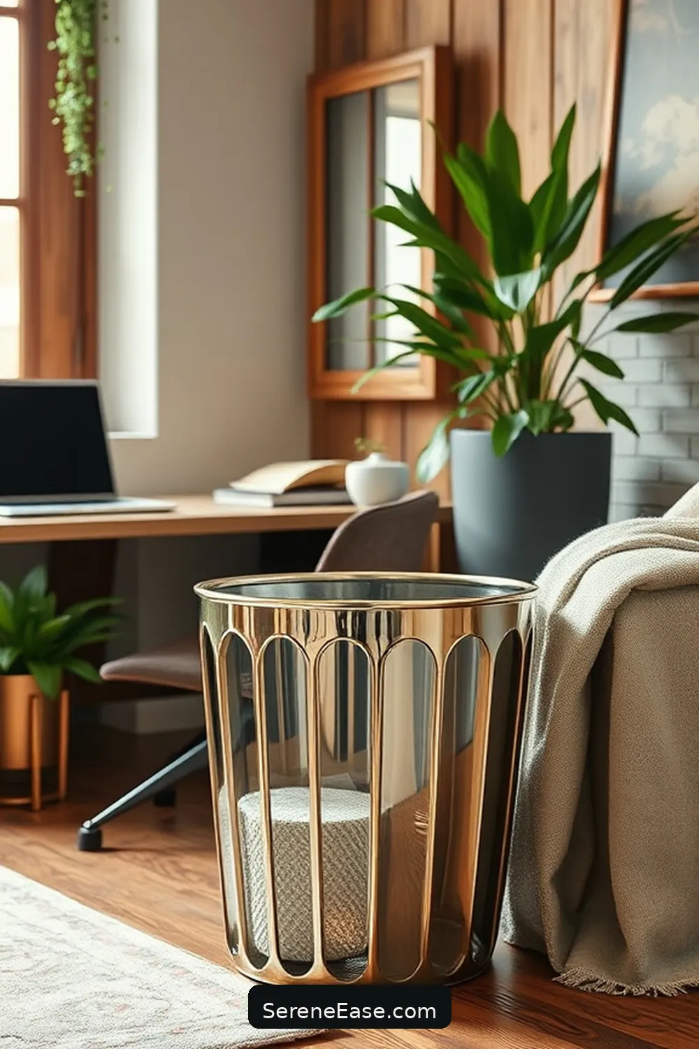 Select a Metallic Wastebasket for 18 Ways to Incorporate Metallic Accents in a Rustic Home Office Style