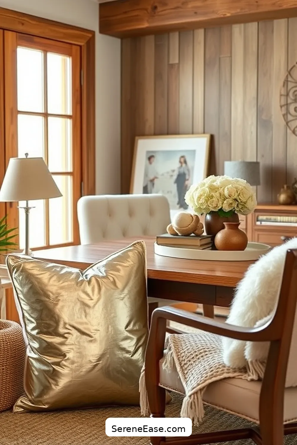 Use Metallic Throw Pillows for 18 Ways to Incorporate Metallic Accents in a Rustic Home Office Style