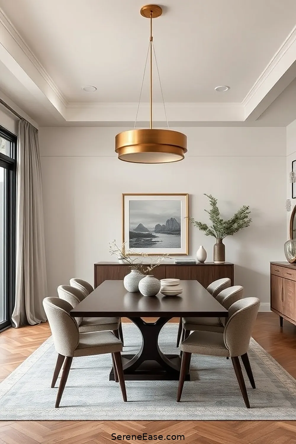 18 Ways to Incorporate Neutral Tones in Your Mid-Century Modern Dining Room Style 7 Add a Statement Lighting Fixture in a Subtle Finish for 18 Ways to Incorporate Neutral Tones in Your Mid-Century Modern Dining Room Style