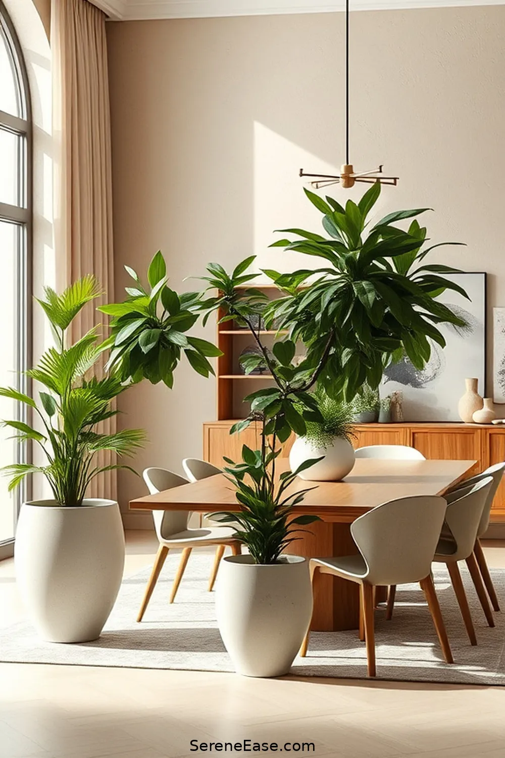 18 Ways to Incorporate Neutral Tones in Your Mid-Century Modern Dining Room Style 13 Integrate Greenery With Neutral Planters for 18 Ways to Incorporate Neutral Tones in Your Mid-Century Modern Dining Room Style