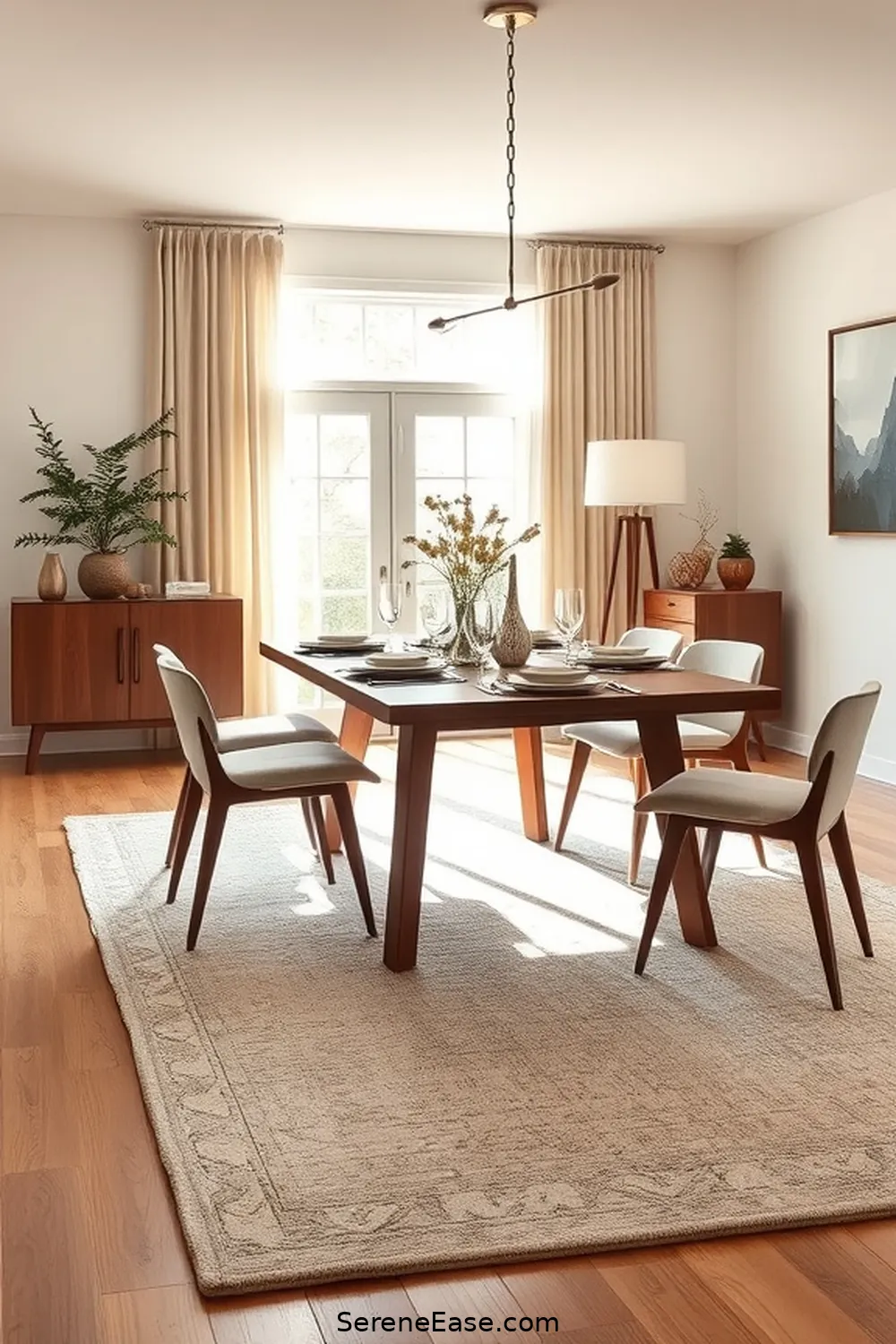 18 Ways to Incorporate Neutral Tones in Your Mid-Century Modern Dining Room Style 6 Use Neutral Area Rugs to Define the Space for 18 Ways to Incorporate Neutral Tones in Your Mid-Century Modern Dining Room Style