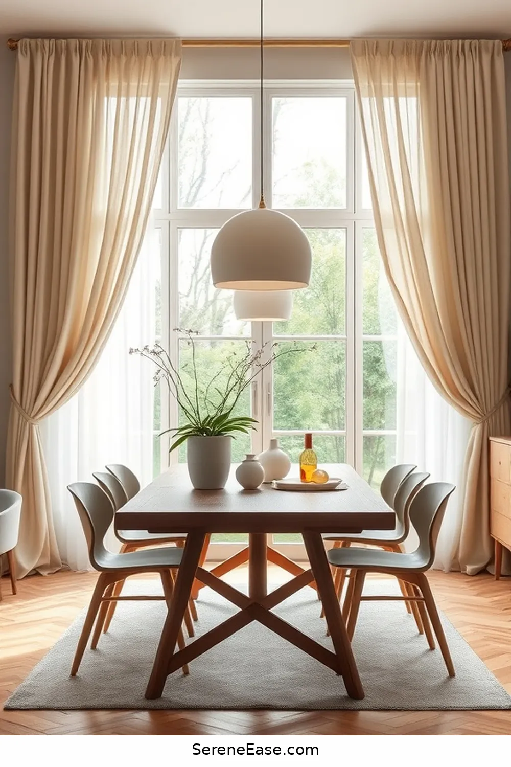 18 Ways to Incorporate Neutral Tones in Your Mid-Century Modern Dining Room Style 15 Use Neutral Curtains to Frame the Room for 18 Ways to Incorporate Neutral Tones in Your Mid-Century Modern Dining Room Style