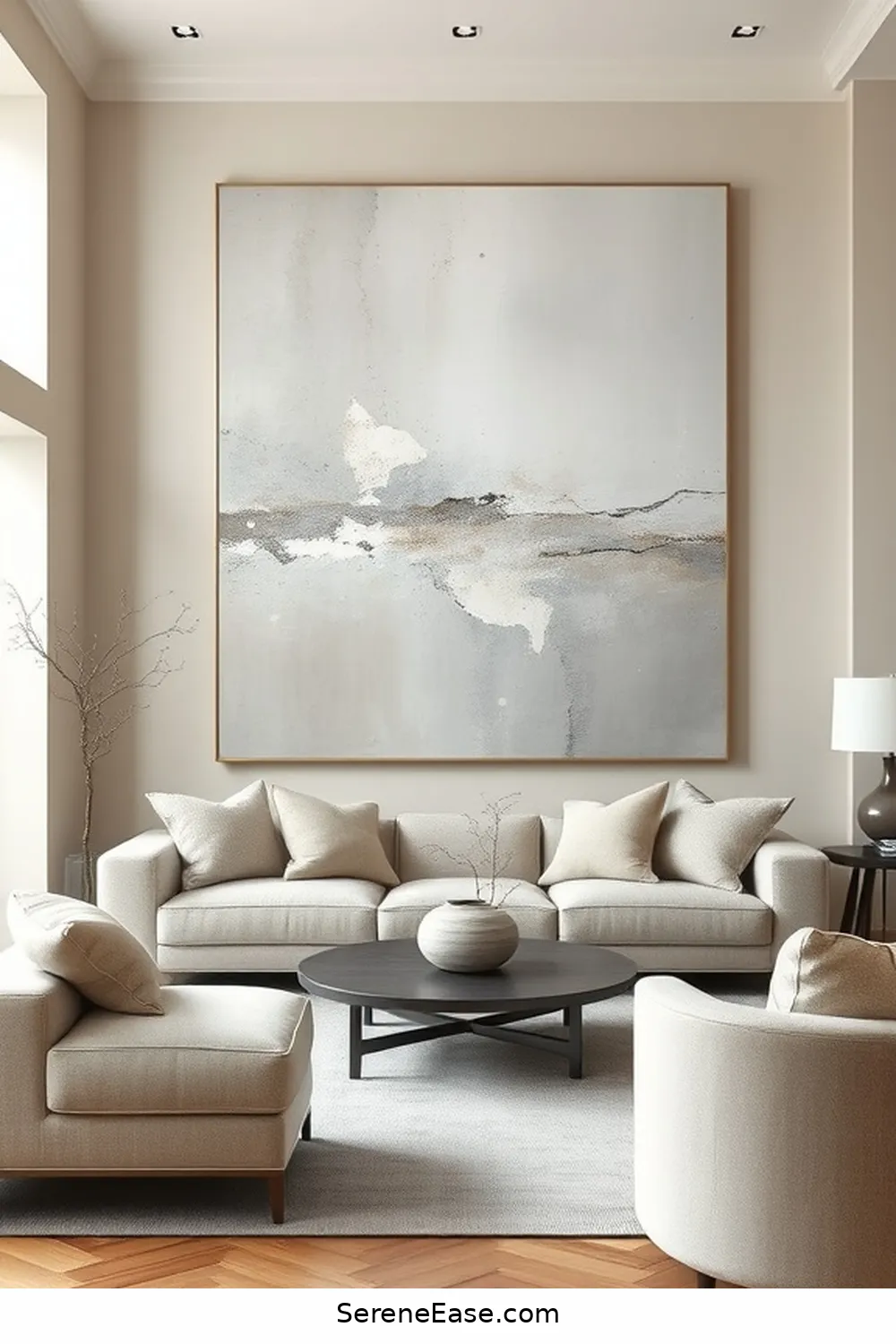 18 Ways to Incorporate Neutral Tones in a Minimalist Living Room Style 7 Add Statement Art in Neutral Tones for 18 Ways to Incorporate Neutral Tones in a Minimalist Living Room Style
