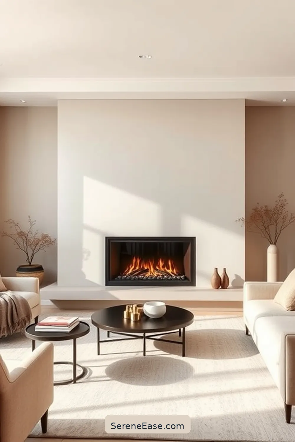 18 Ways to Incorporate Neutral Tones in a Minimalist Living Room Style 11 Create a Focal Point With a Neutral Fireplace for 18 Ways to Incorporate Neutral Tones in a Minimalist Living Room Style