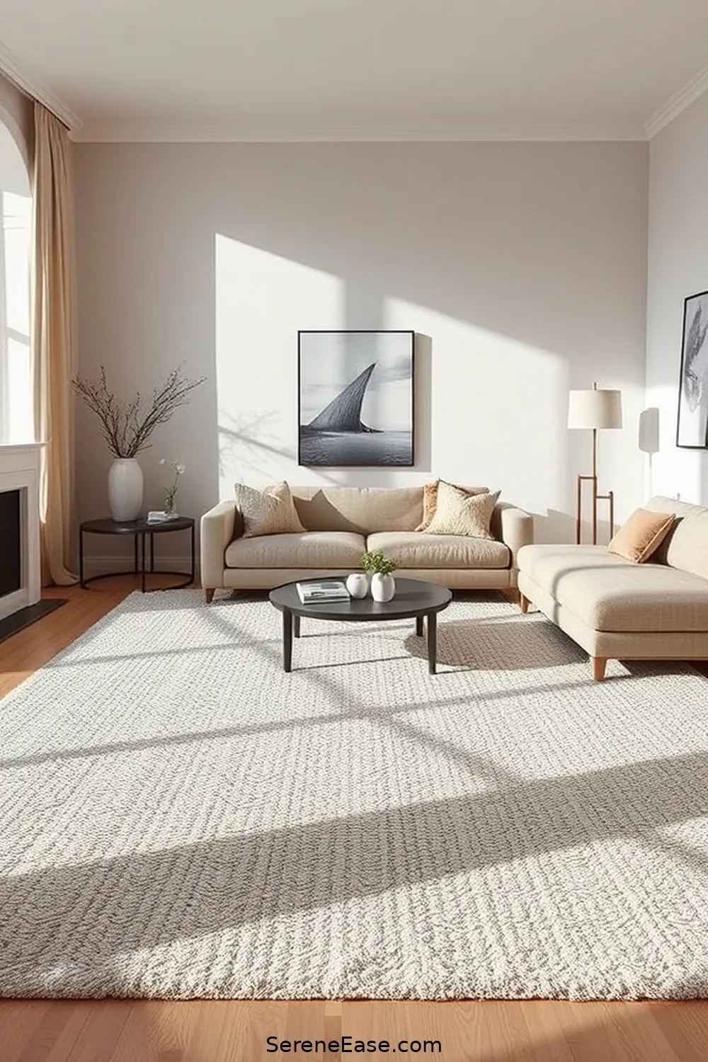 18 Ways to Incorporate Neutral Tones in a Minimalist Living Room Style 8 Use Area Rugs to Define Spaces for 18 Ways to Incorporate Neutral Tones in a Minimalist Living Room Style