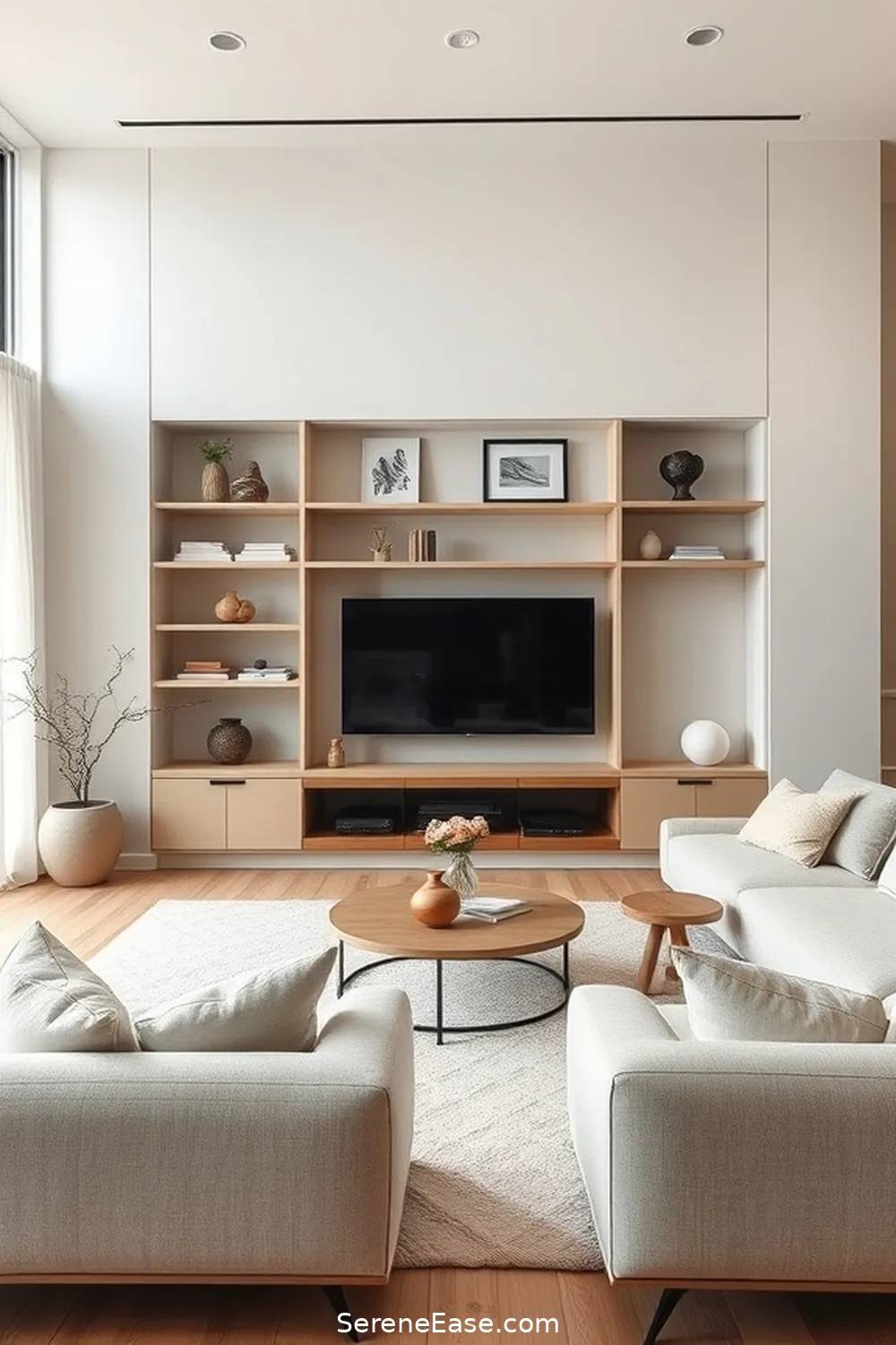 18 Ways to Incorporate Neutral Tones in a Minimalist Living Room Style 13 Use Built-In Shelving to Reduce Clutter for 18 Ways to Incorporate Neutral Tones in a Minimalist Living Room Style