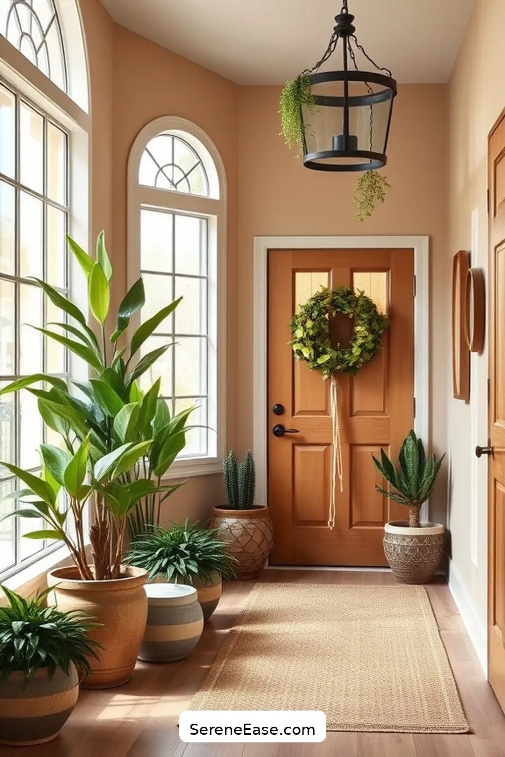 18 Ways to Use Earth Tones in Modern Farmhouse Entryway Style 5 Add Greenery With Potted Plants for 18 Ways to Use Earth Tones in Modern Farmhouse Entryway Style