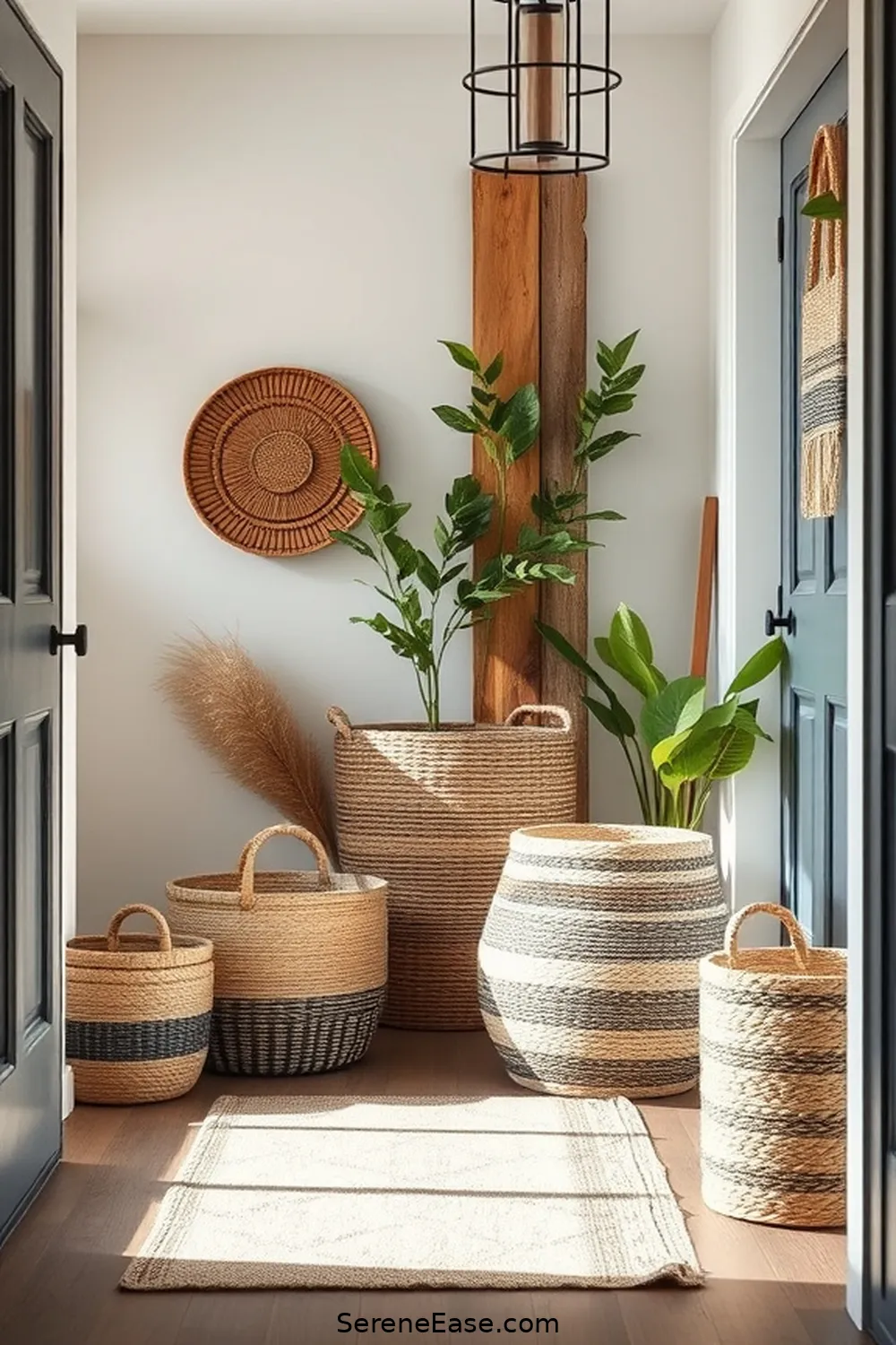 18 Ways to Use Earth Tones in Modern Farmhouse Entryway Style 9 Incorporate Woven Baskets for Storage for 18 Ways to Use Earth Tones in Modern Farmhouse Entryway Style