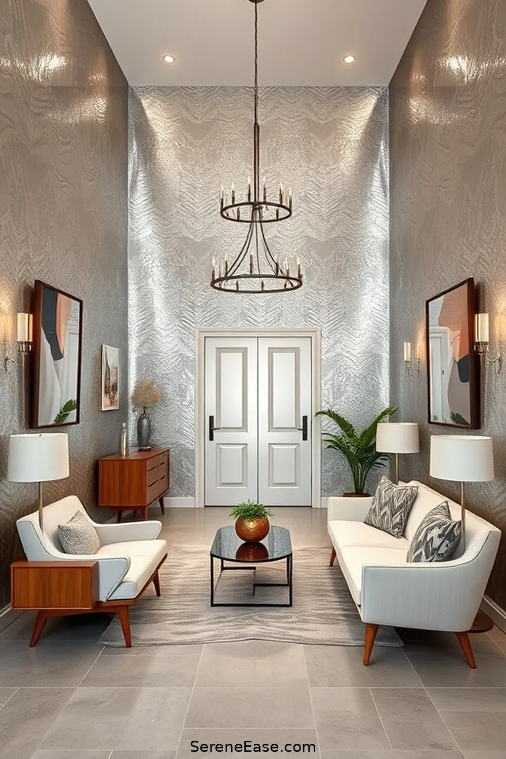 18 Ways to Use Metallic Accents in a Mid-Century Modern Entryway 15 Metallic Wallpaper for 18 Ways to Use Metallic Accents in a Mid-Century Modern Entryway