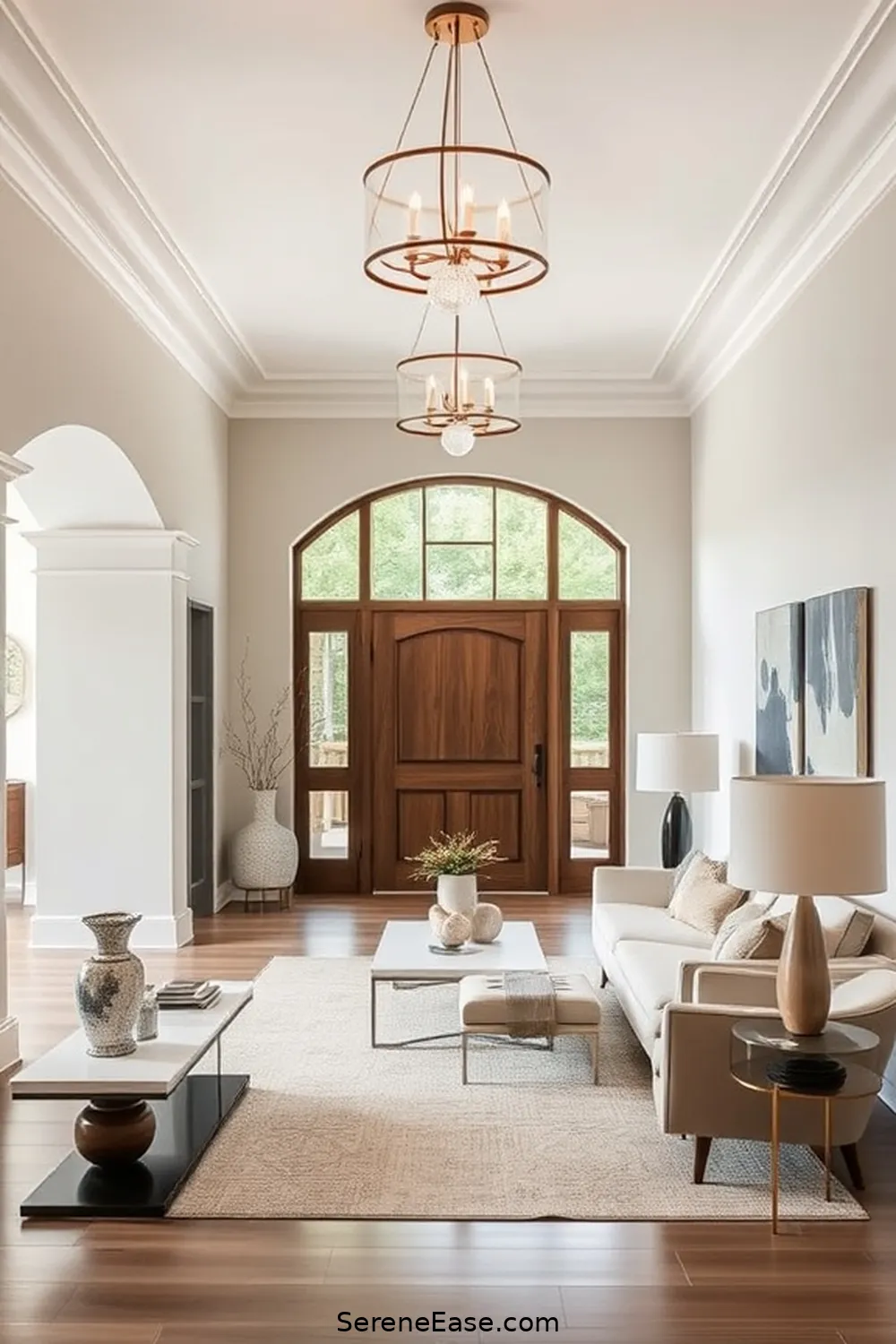Add Statement Lighting Fixtures for 18 Ways to Use Neutral Tones in a Mid-Century Modern Style Entryway