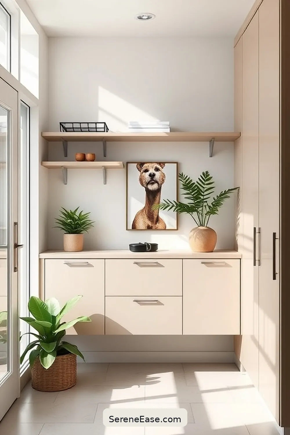 Choose Sleek Storage Solutions for 18 Ways to Use Neutral Tones in a Mid-Century Modern Style Entryway