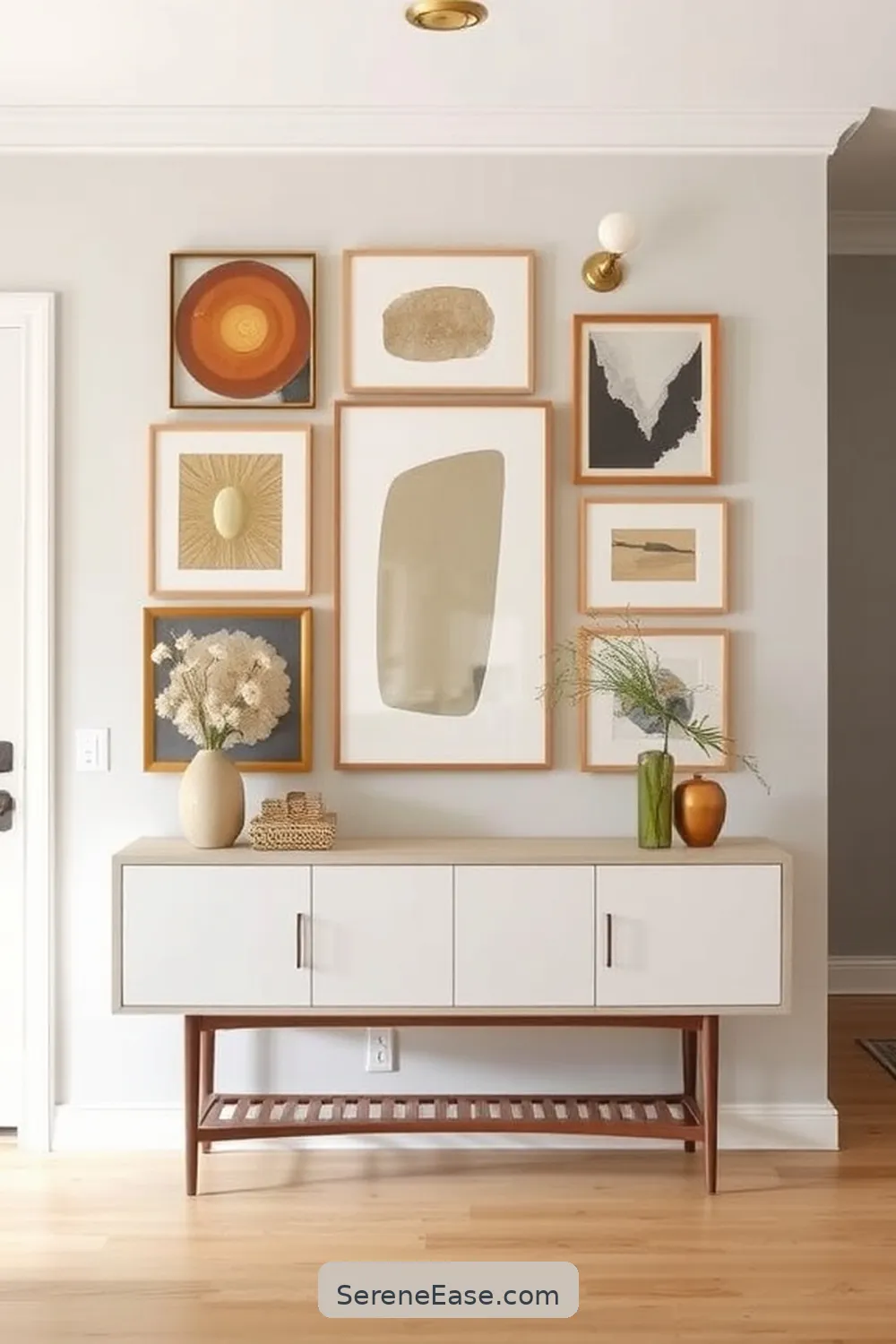 Create a Gallery Wall for 18 Ways to Use Neutral Tones in a Mid-Century Modern Style Entryway