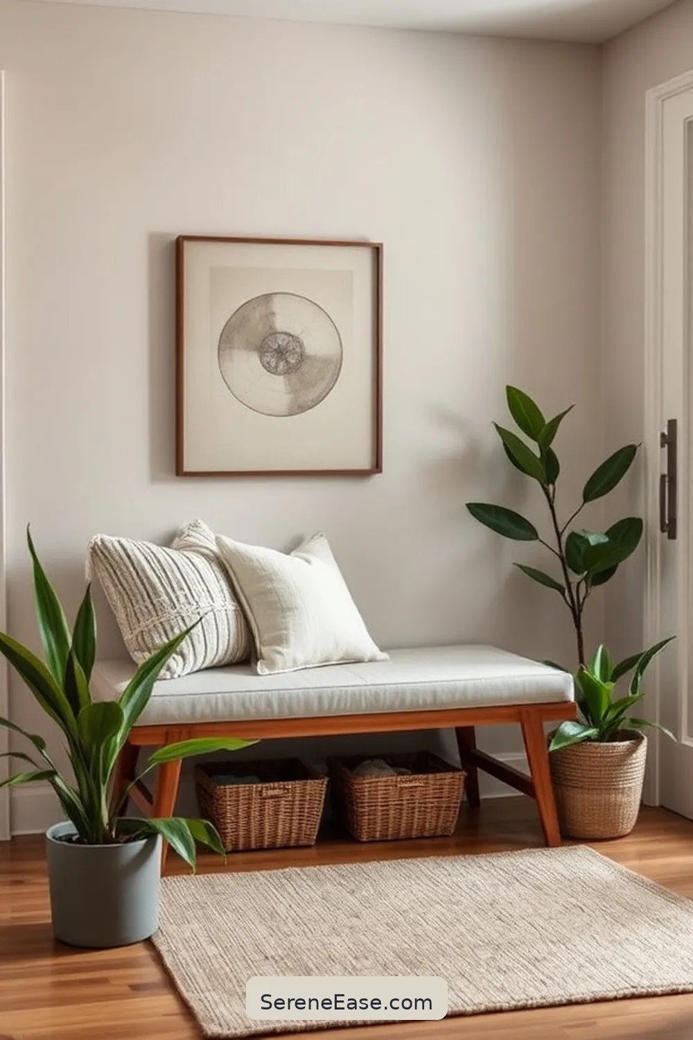 Create a Welcoming Seating Area for 18 Ways to Use Neutral Tones in a Mid-Century Modern Style Entryway