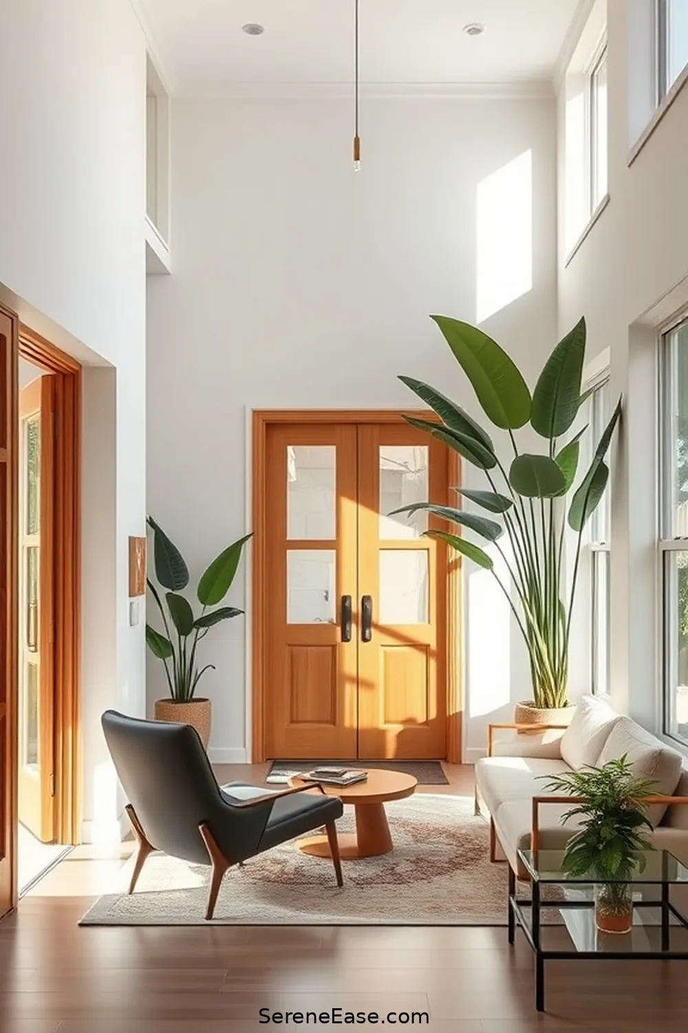 Integrate Indoor Plants for 18 Ways to Use Neutral Tones in a Mid-Century Modern Style Entryway