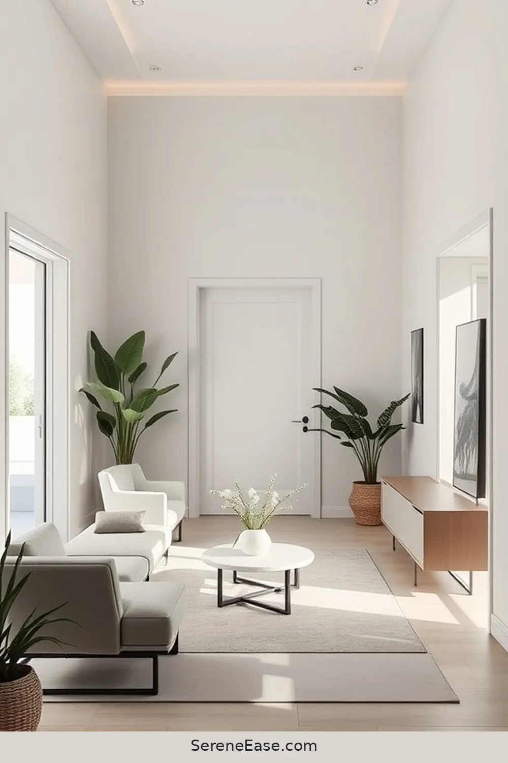 Select Minimalist Furniture for 18 Ways to Use Neutral Tones in a Mid-Century Modern Style Entryway